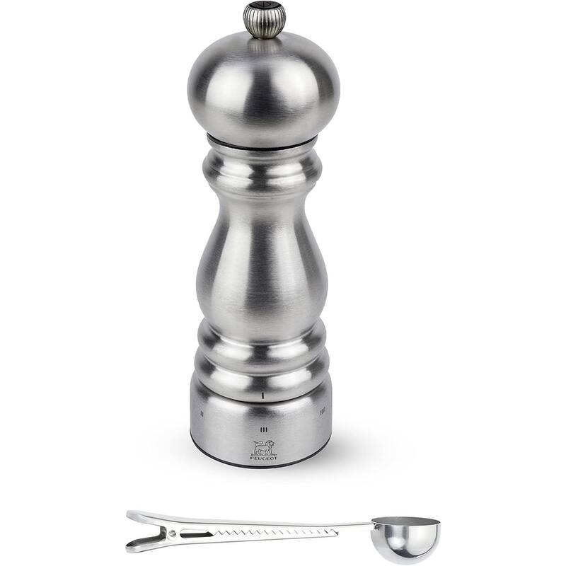 Peugeot Paris Chef u'Select Stainless Steel Pepper Mill - With Stainless Steel Spice Scoop/Bag Clip (7 -Inch, Pepper Mill) - Silver - 2 Piece