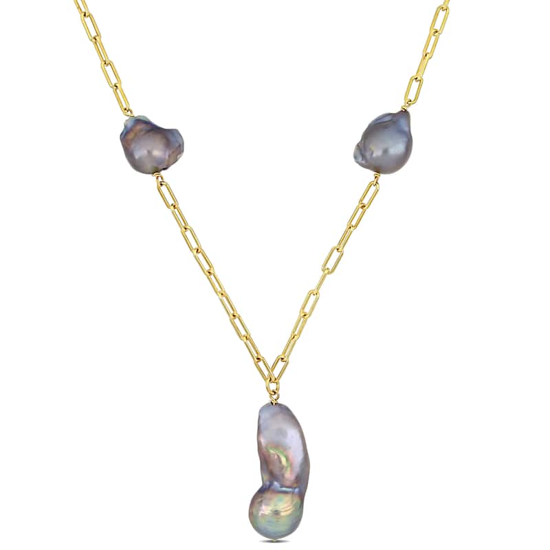 Miadora 13-15mm Grey Cultured Freshwater Baroque Pearl Lariat Necklace with 3.5mm Paperclip Link Chain in Yellow Silver