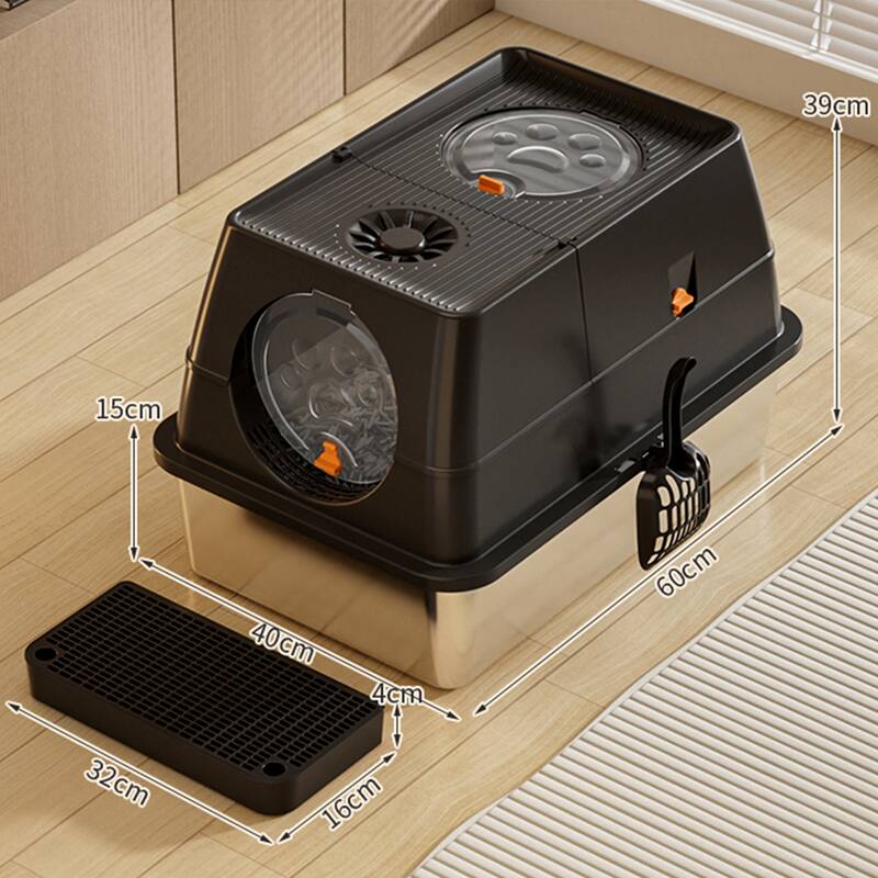 Large Stainless Steel Enclosed Cat Litter Box with Lid, Metal Kitty Litter Box with Flip Cover, Removable Top and Litter Scooper