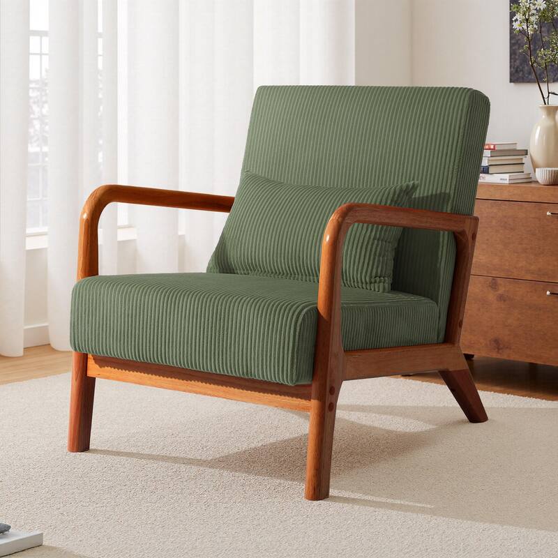 25" W Mid Century Upholstered Wood Accent Chair with Pillow - Dark Wood - Grey Green