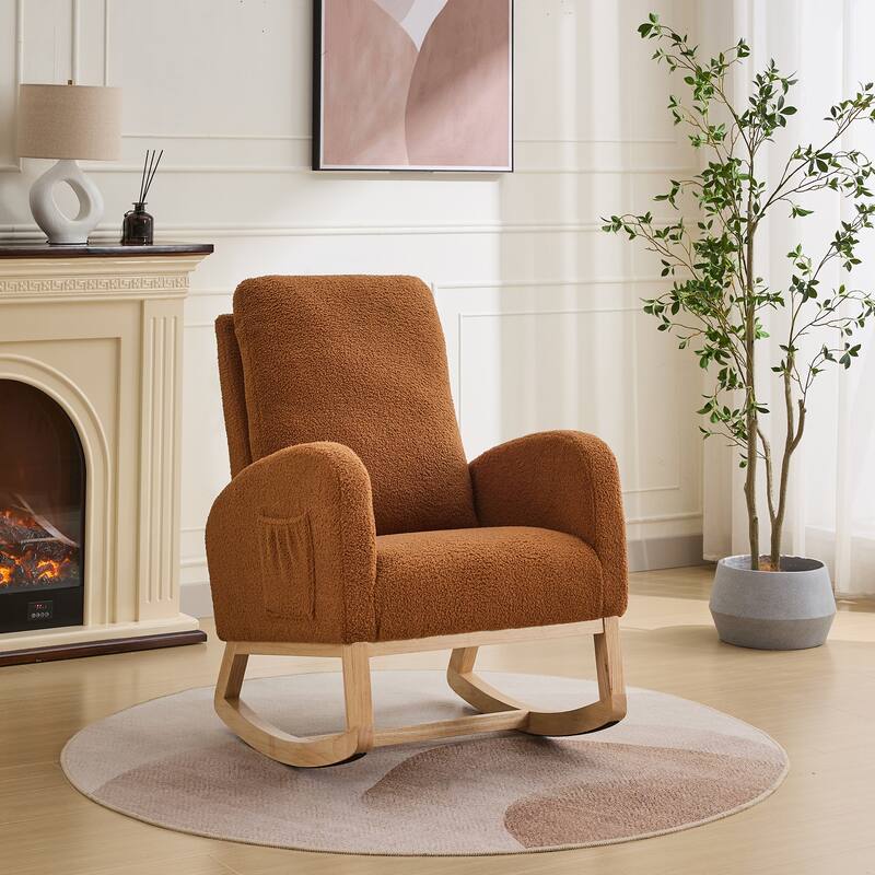 27.2"W Rocking Chair, Sherpa Glider Chair with High Back Side Pocket, Rocking Accent Armchair with Rubber Wood Legs - Caramel