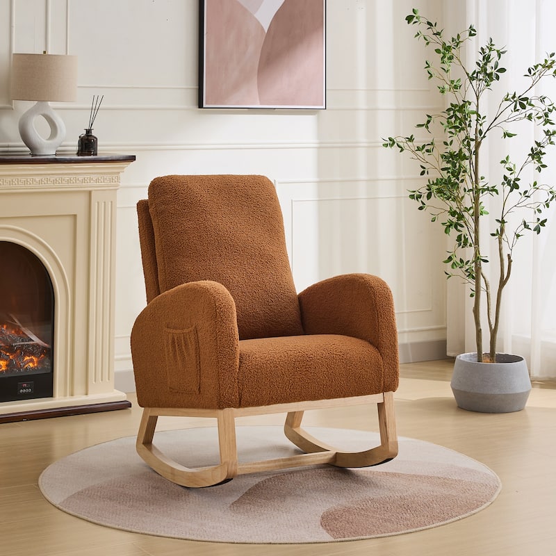 Roomfitters 27.2" Nursery Rocking Chair, High Back Glider with Side Pocket and Rubberwood Legs - Caramel