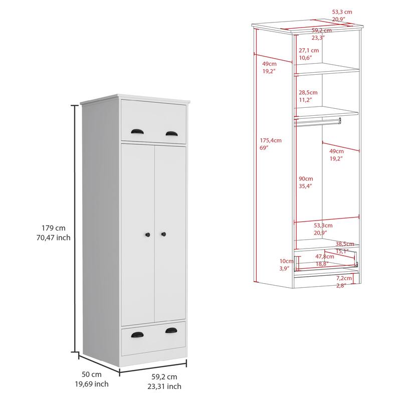 23.3" Modern Armoire with Hanging Rod, 1 Drawer and 1 Hinged Drawer for Bedroom