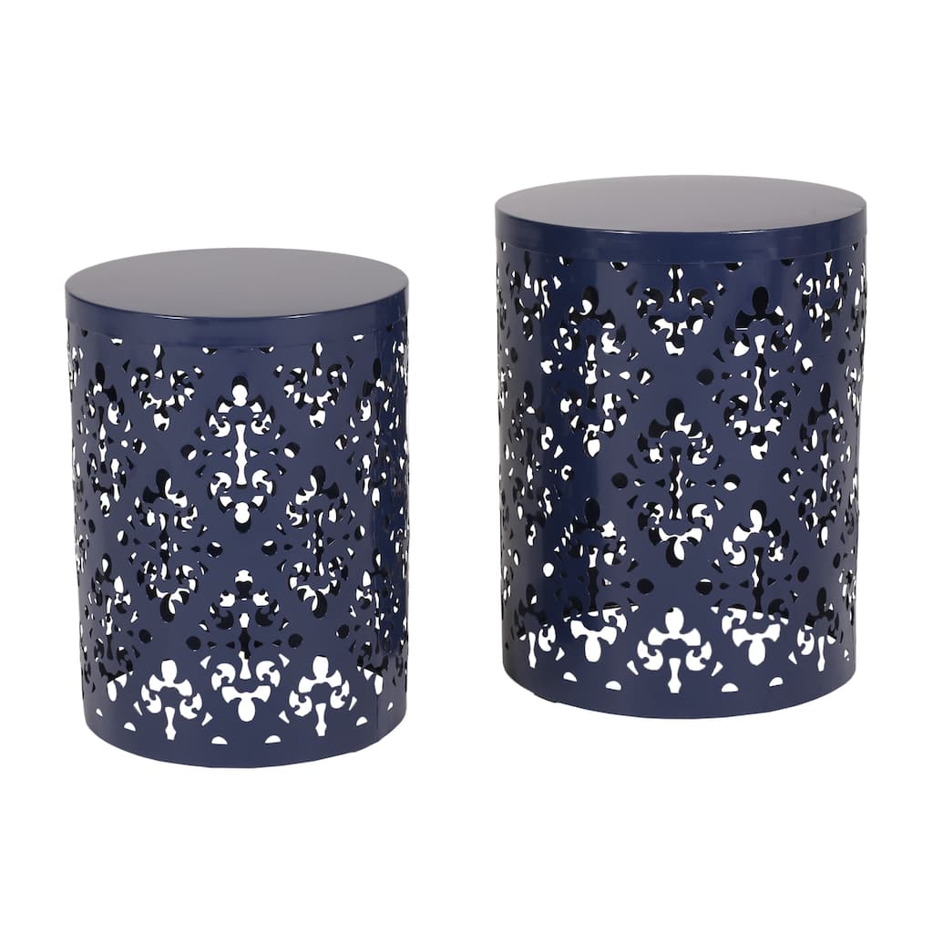 Kemo Outdoor End Table Set of 2, Round Top, Cutout Design, Navy Blue