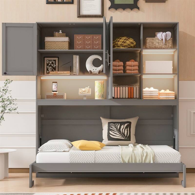Twin Size Murphy Wall Bed with Top Cabinet and Light, Space Saving Foldable Murphy Cabinet Bed with USB Ports & Storage Shelves