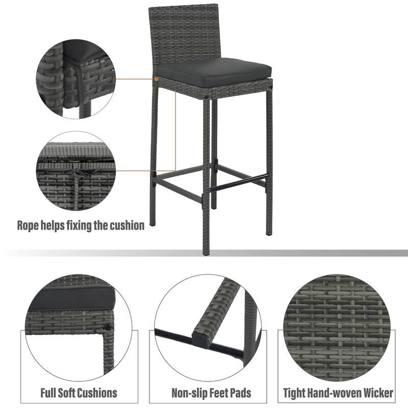 5-Piece Outdoor Bar Set with Patio Stools and Rattan Table Pub Height Wicker Furniture, Removable Cushions for Gardens or Pools
