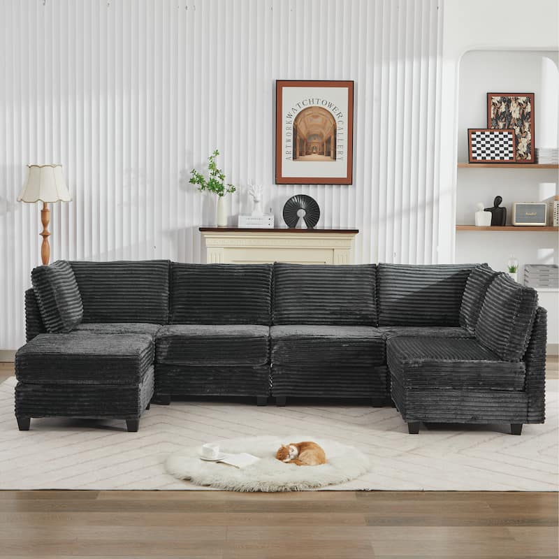 Corduroy Sectional Couch with Storage, U Shaped Sectional Sofa with Ottoman, Modular Sectional Couches 