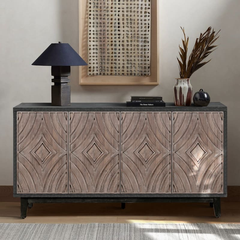 Mid Century Sideboard Buffet Cabinet with Solid Wood Legs 60" Kitchen Storage Cabinet Credenza with 4 Doors and 2 Shelves