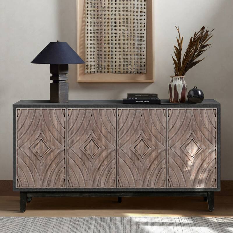 Mid-Century Sideboard Buffet Cabinet with Wood Legs, 60" Kitchen Storage Credenza with 4 Doors, Shelves, Accent Console Table