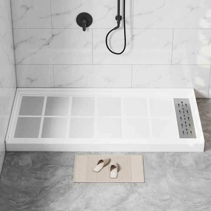 60 in. x 32 in. Elegant White Single Threshold Anti-slip SMC Rectangular Shower Base with Drain and Stainless Steel Drain Cover