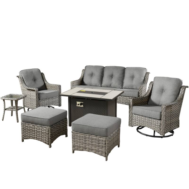 XIZZI 7-piece Patio Wicker Furniture High Back Chair Set with Firepit Table