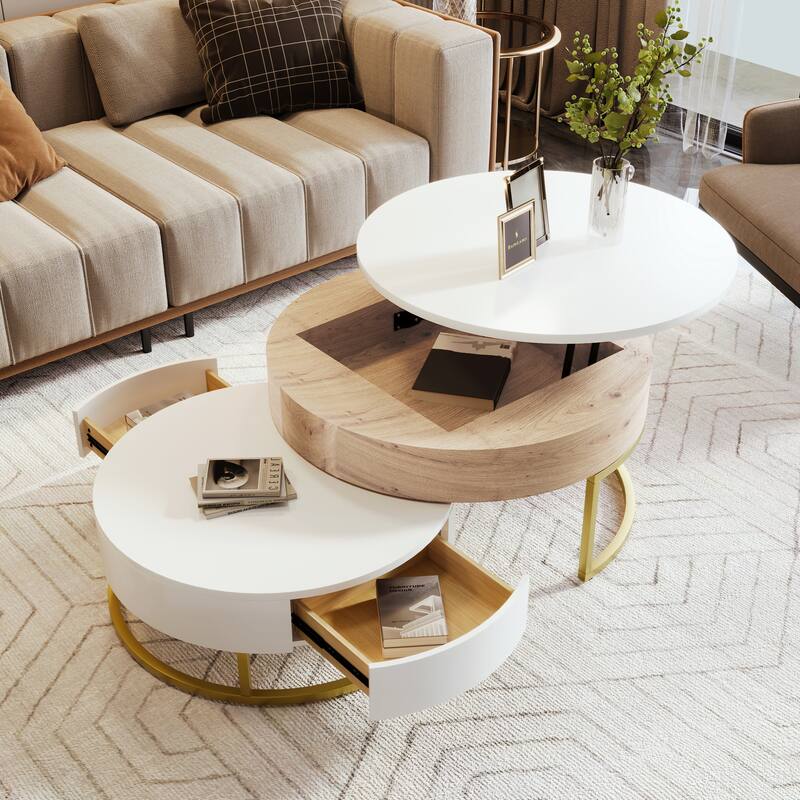 Wooden Lift-Top Nesting Coffee Table Set, Modern Round Center Table with 2 Storage Drawers & Metal Base for Living Room - Oak Natural Wood + Antique White