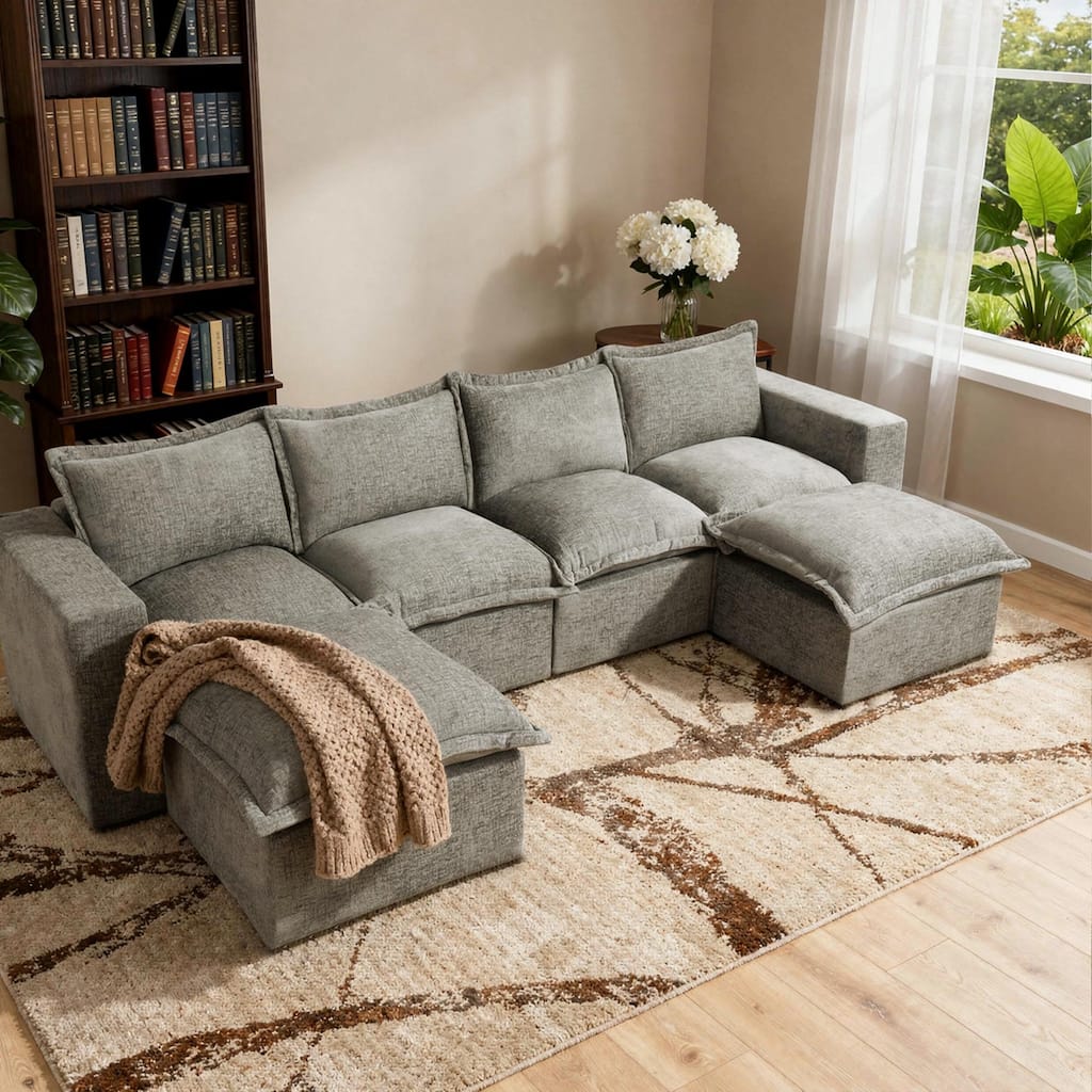 Chenille No Assembly Modular Sectional Sofa Cloud Couch with Ottoman