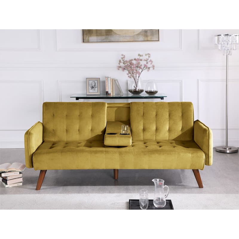 Container Furniture Tufted Convertible Velvet Sofa Bed with Cup Holder