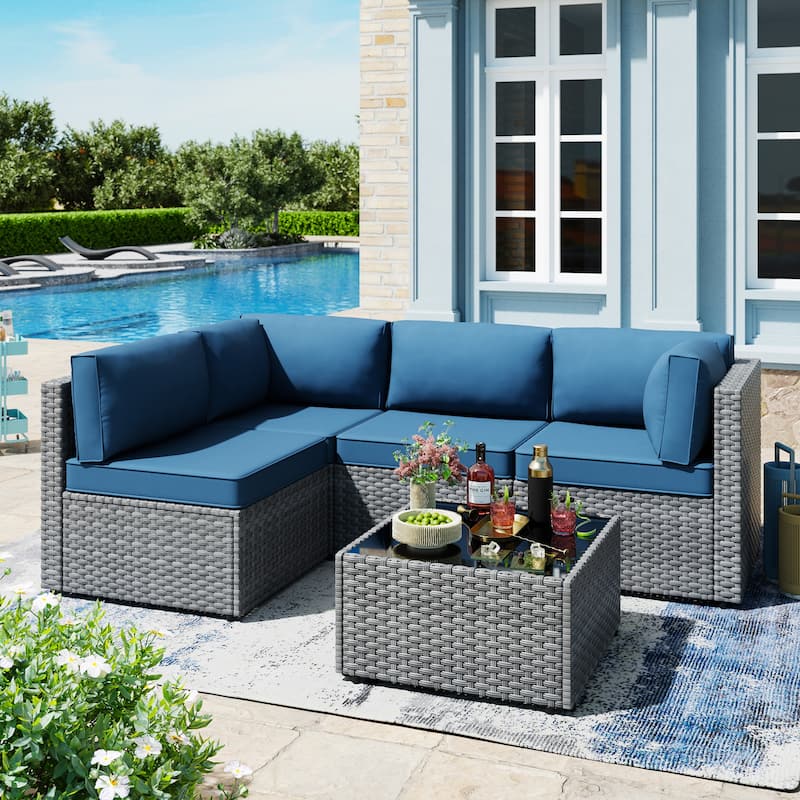 Outdoor 5-Piece Wicker Sectional Sofa Set with Table - NavyBlue/Silver