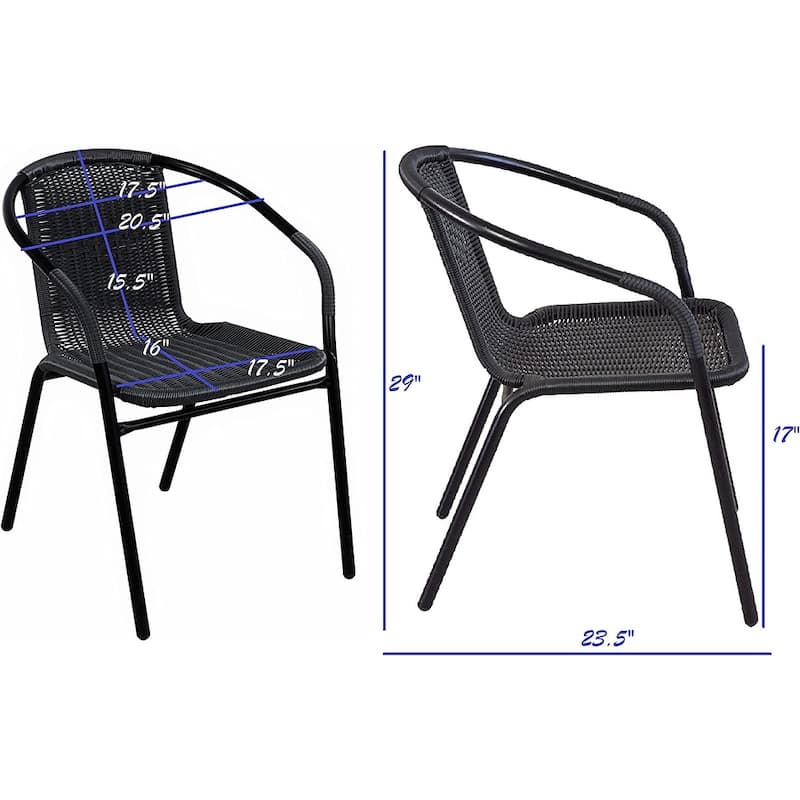BTEXPERT Indoor Outdoor 28" Square Tempered Glass Metal Table Black Rattan Trim + 3 Black Restaurant Rattan Stack Chairs