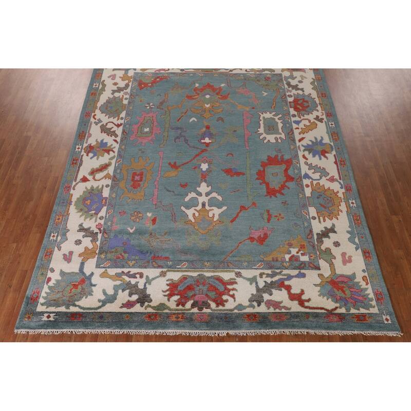 Floral Blue Oushak Indian Area Rug Handmade Wool Carpet - 9'3"x 12'0"