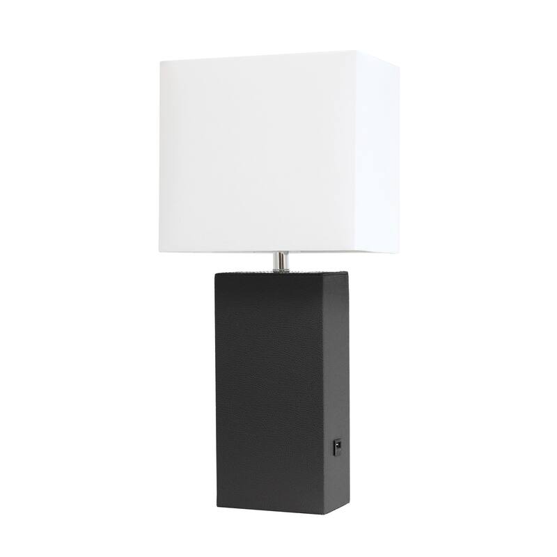 Modern Leather Table Lamp with USB and White Fabric Shade