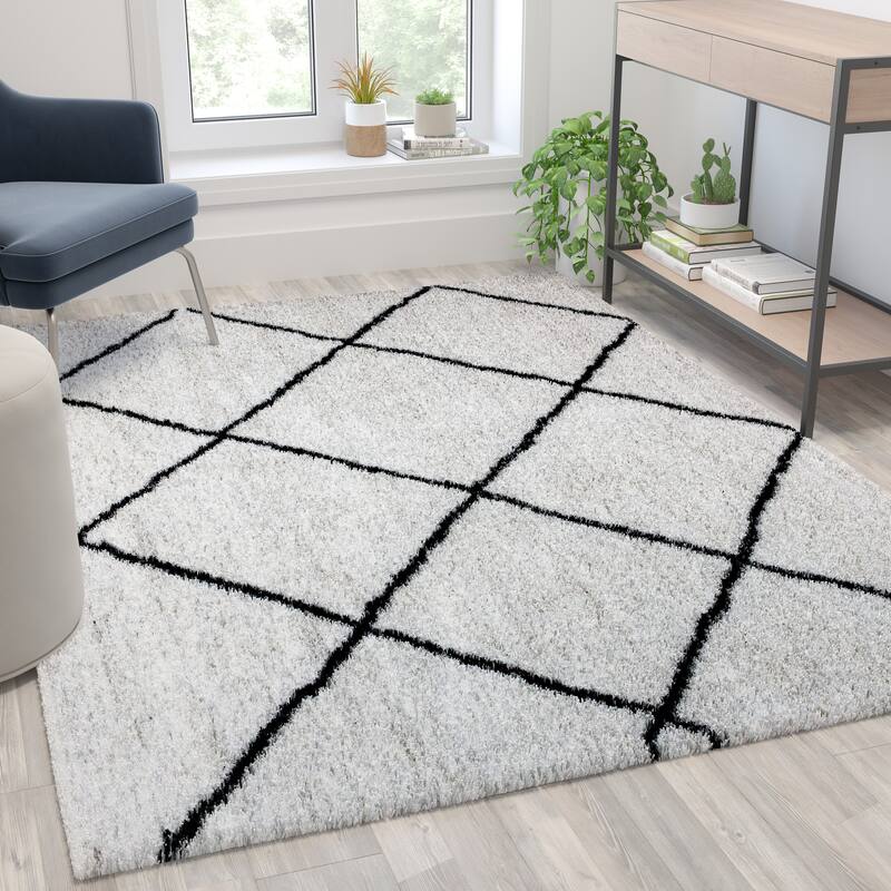 Shag Style Diamond Trellis Area Rug - 5' x 7' - Ivory/Black - Rectangle