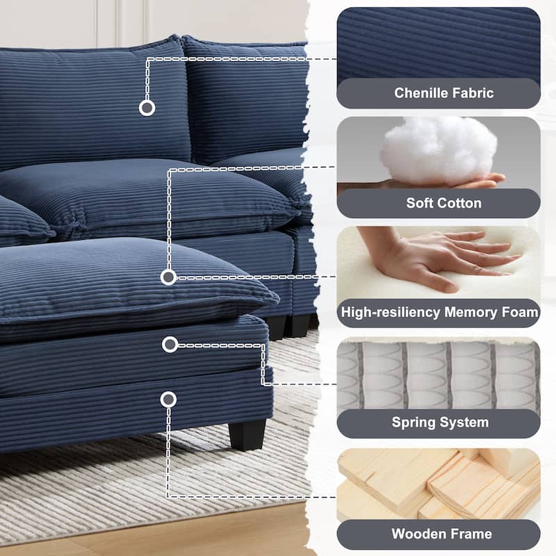 Oversized Modular Sectional Sofa with Ottoman, 102 Inch 4 Seat Corduroy L Shaped Couch for Living Room