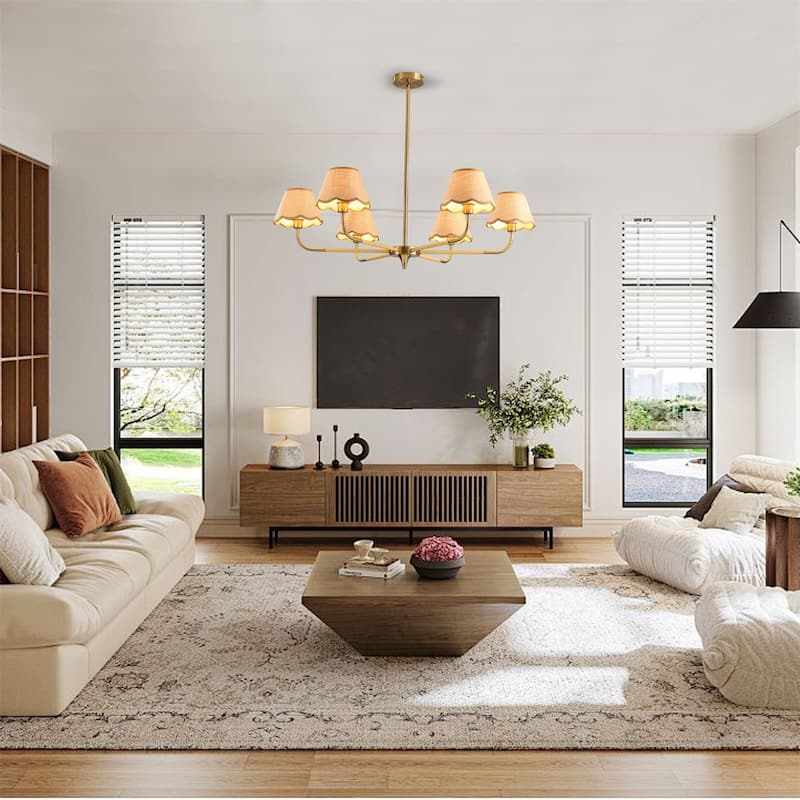 38" 6-lamp Chandelier with Hand-Woven Rattan Lampshade (Bulb Not Included)