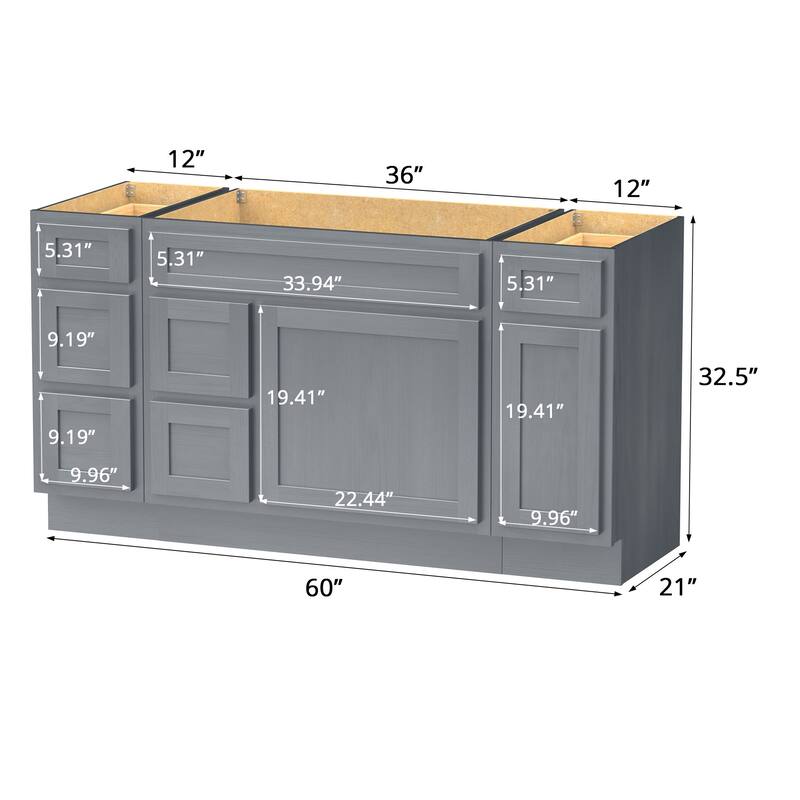 Vanity Art 60" Oak Freestanding Bathroom Vanity Cabinet without Top