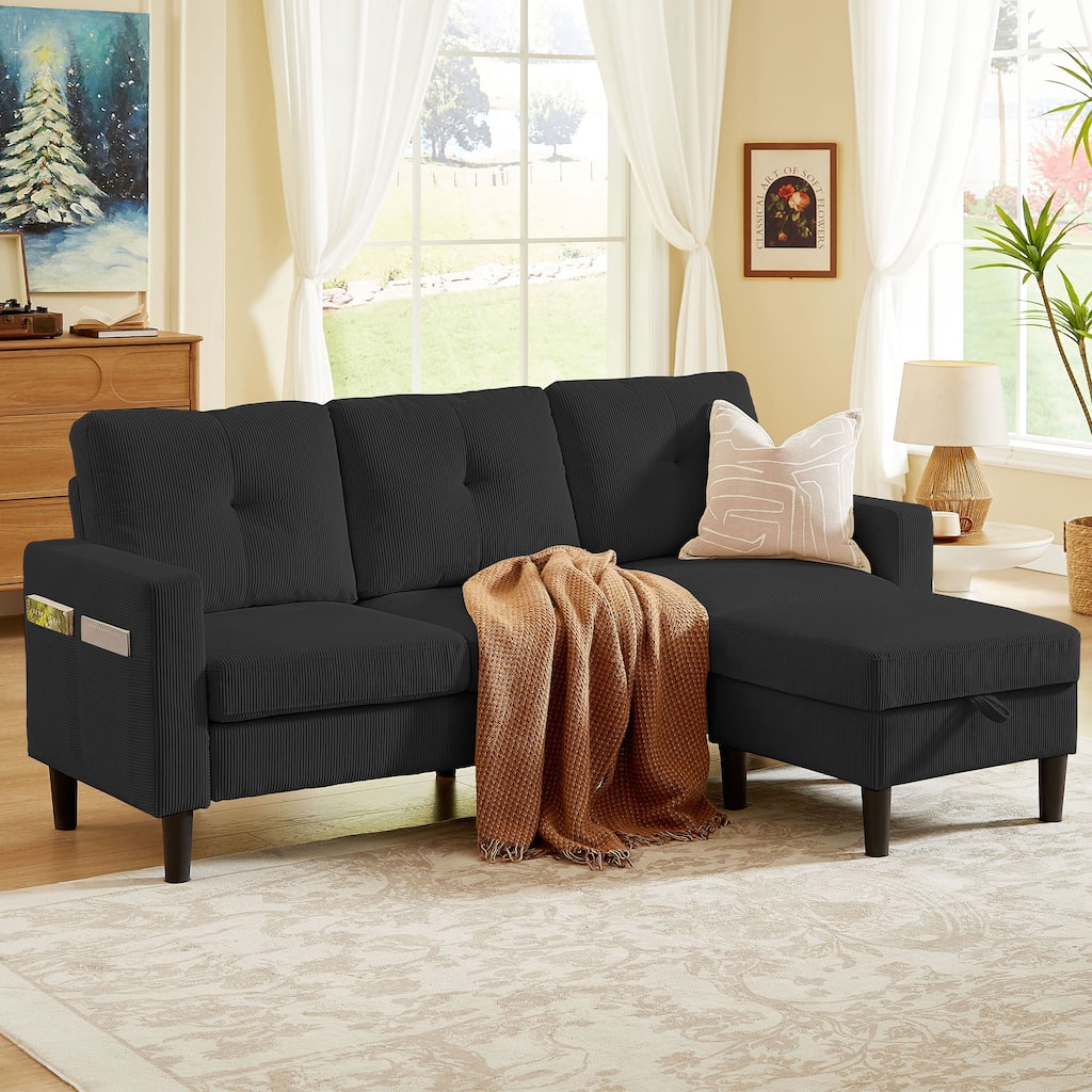 79.14" Corduroy Sectional Sofa with Storage Ottoman and Side Storage Pocket