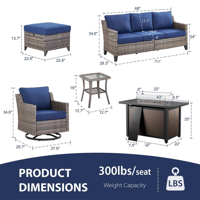 Glissia 7-Piece Gray Wicker Fire Pit Conversation Set with Wicker fire pit