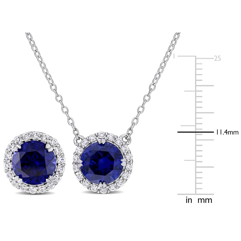 Miadora Sterling Silver Created Blue and White Sapphire Halo Necklace & Earrings 2-Piece Jewelry Set