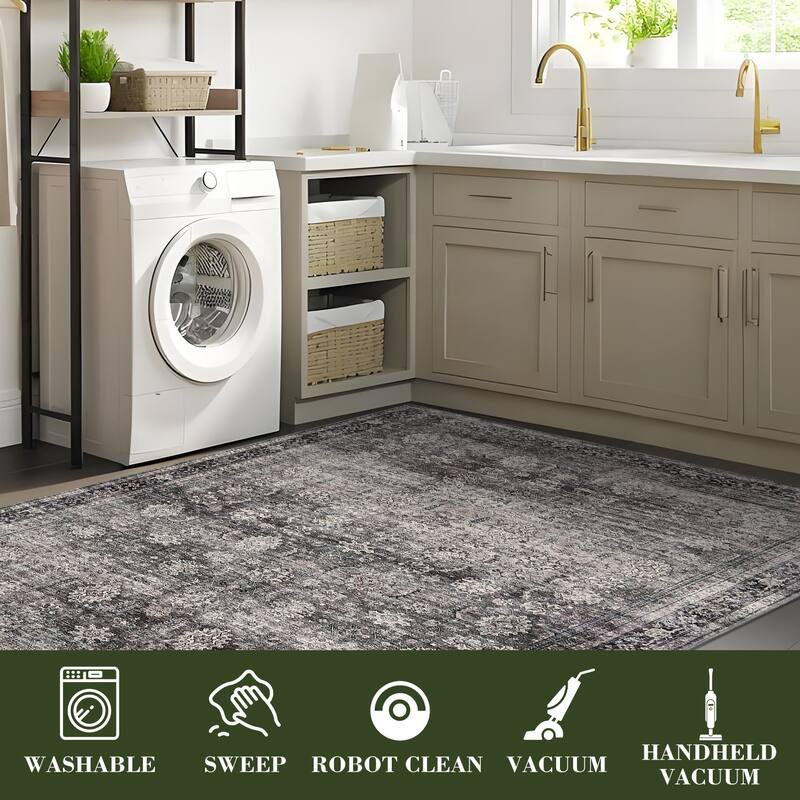 Area Rug Vintage Washable Floral Distressed Living Room Rugs, Soft Low Pile Non-Slip Rugs for Bedroom