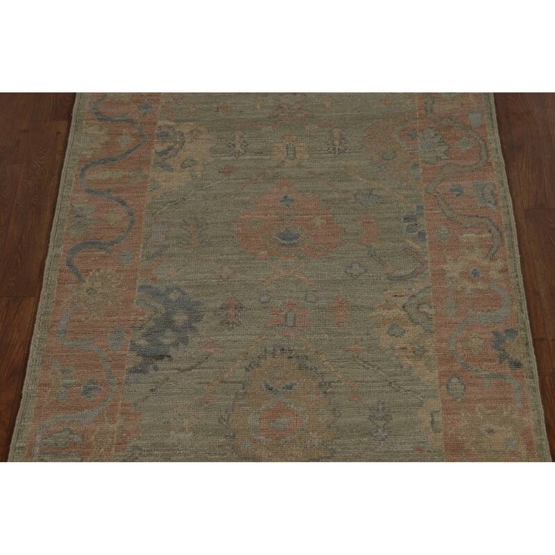 Vegetable Dye Green Oushak Turkish Runner Rug Handmade Wool Carpet - 3'2" x 12'0"