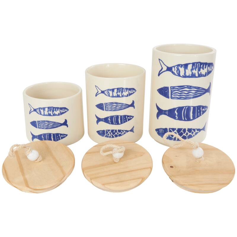 Cream or Blue Ceramic Canisters with Brown Wood Lids and Beaded Accents (Set of 3)