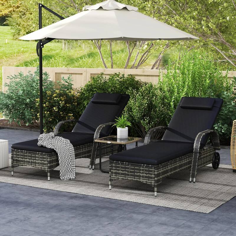 2PC Recliner, Maintenance-Free PE Rattan with Cushion, Pillow - Black