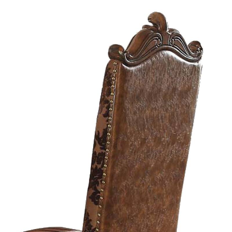 Faux Leather Upholstered Wooden Side Chair with Scrolled Carvings, Brown, Set of 2