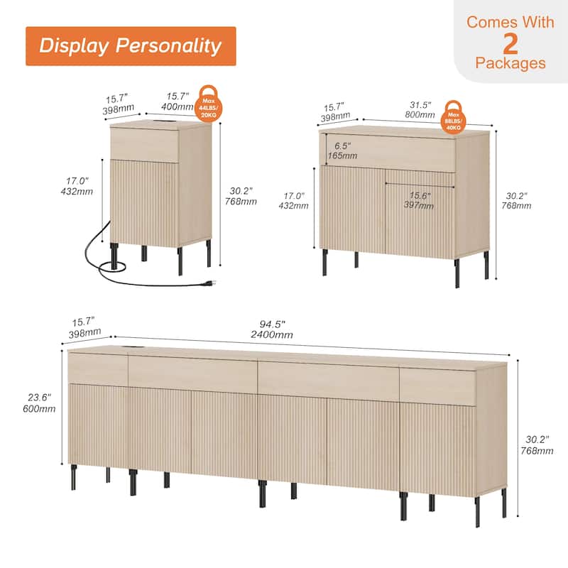 94.5" Wooden Sideboard With Reeded Design, 4-In-1 Modern Credenza With Charging
