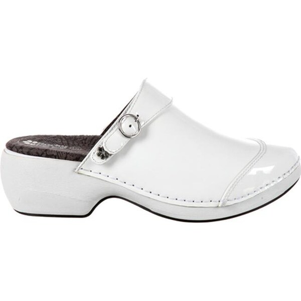 white patent leather clogs