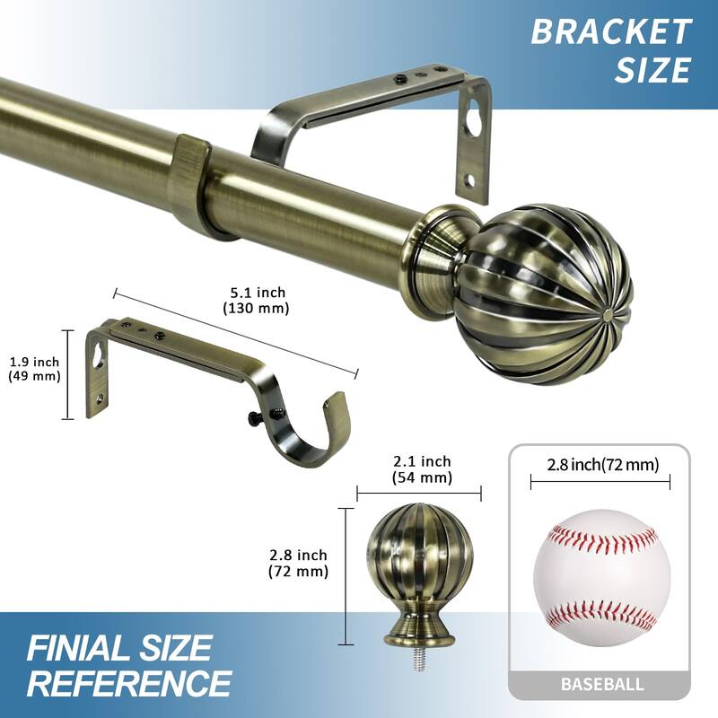 1-inch Diameter Fluted Ball Adjustable Single Drapery Curtain Rod