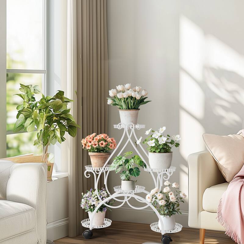 White Metal Cute Plant Stand Wheeled