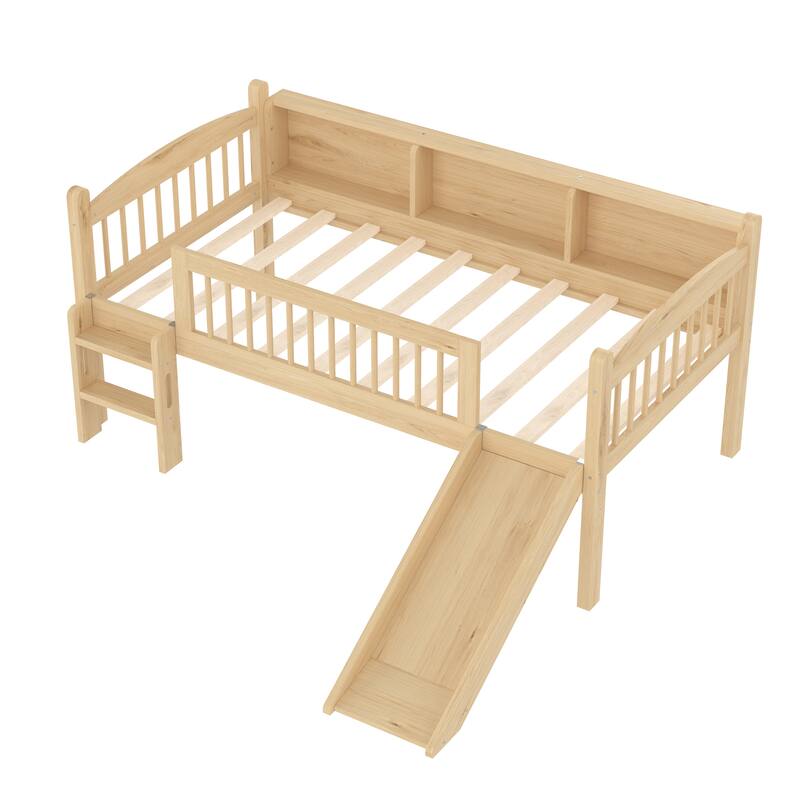 Twin XL Loft Bed with Storage Shelves, Solid Wood Lower Loft Bed with LED Lights and Full-length Guardrails