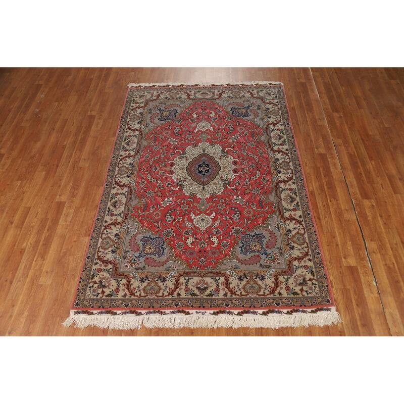 Handmade Pink Wool & Silk Tabriz Persian Area Rug Traditional Carpet - 5'0"x 7'6"