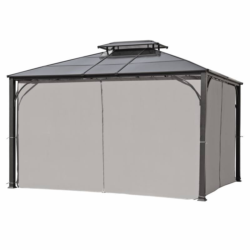 10'x12' Hardtop Double Roof Patio Gazebo with Double-Layer Side Walls, Mosquito Netting & Privacy Curtains