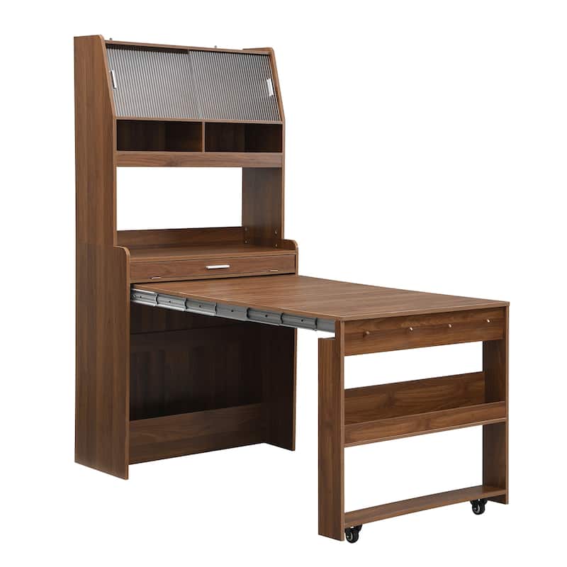 Compact Dining Table with Hutch and Foldable Buffet, Storage Shelf & Side Hooks - Walnut