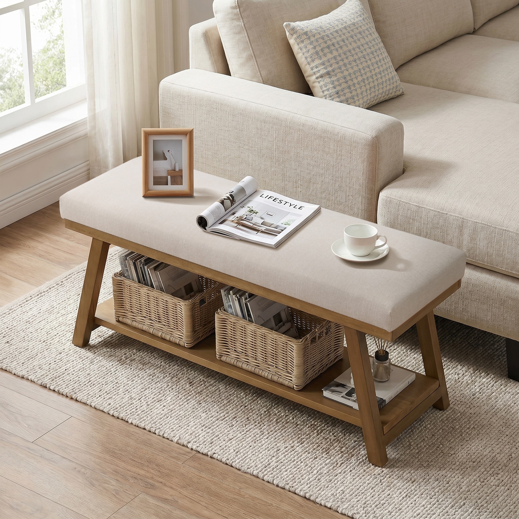 Solid Wood Shoe Bench with Cushion Entryway Shoe Bench