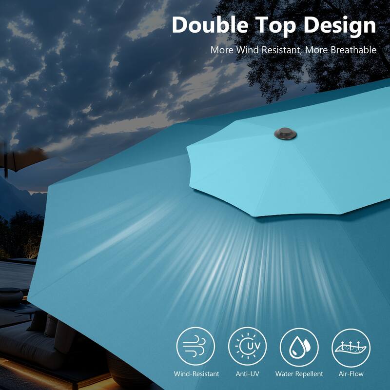 MAISON ARTS 15ft 2-Tier Large Patio Umbrella with Solar Lights, Double-Sided Outdoor Market Umbrellas with Base Included