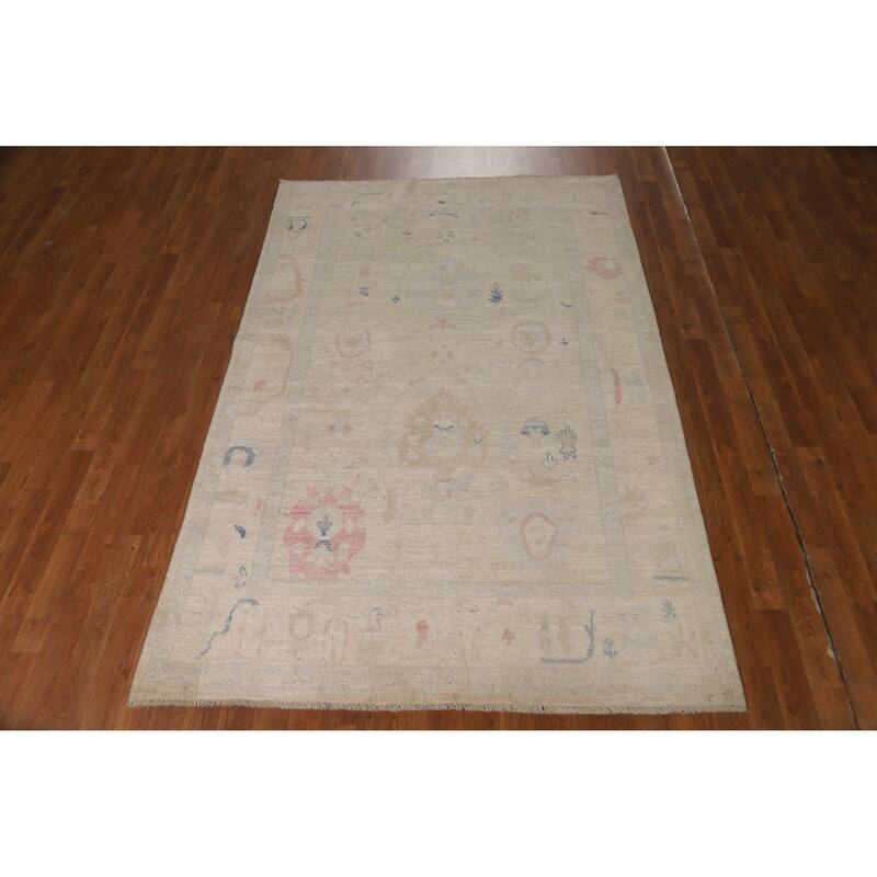 Vegetable Dye Oushak Turkish Rug Handmade Bedroom Beige Wool Carpet - 4'10"x 7'5"