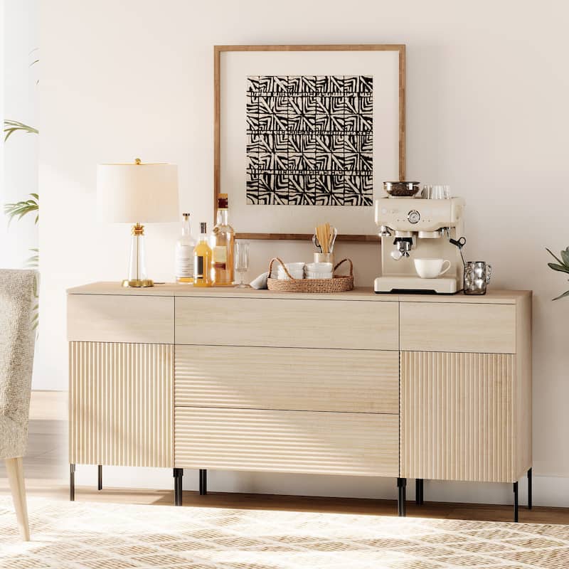 63" Wooden Reeded Sideboard With Built-In Charging Station, 3-In-1 Modern Credenza