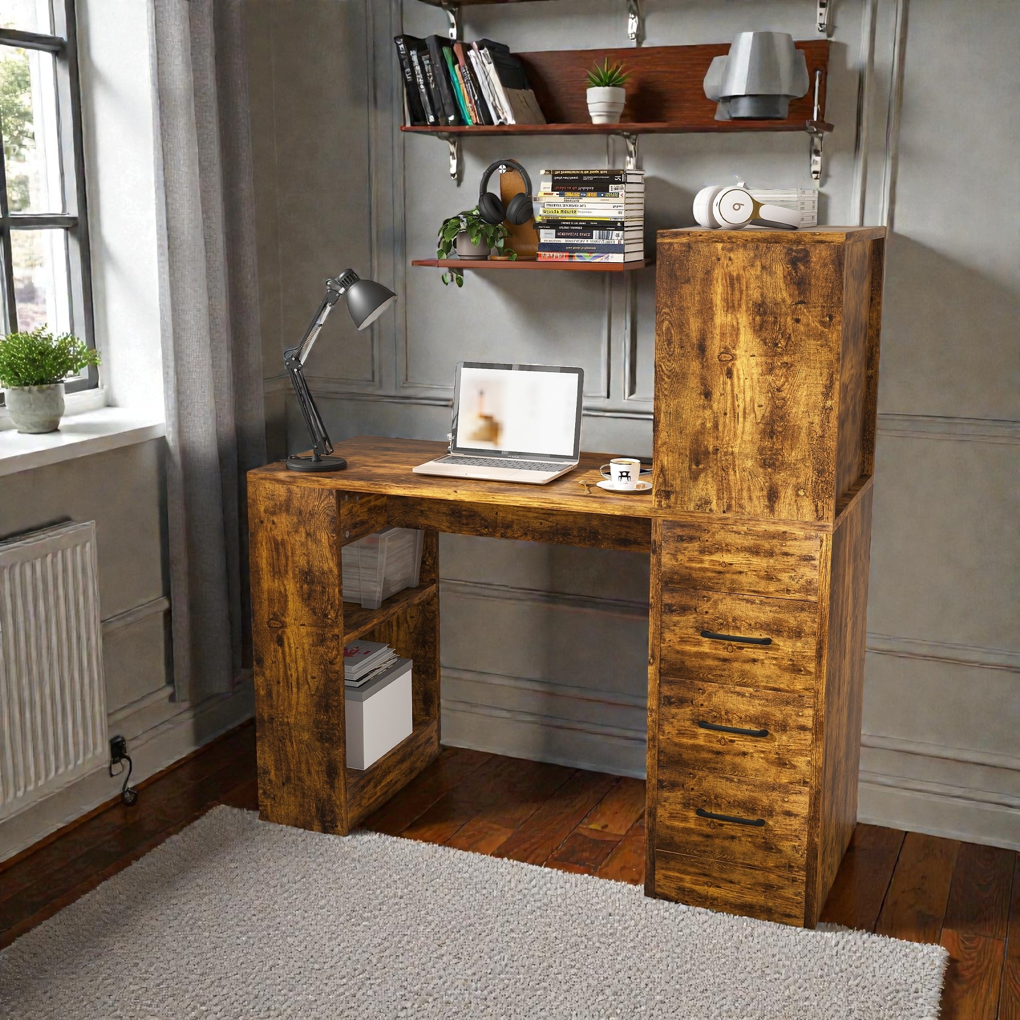 Computer Desk with Charging Station and Drawers, Office Desk with 4 Tier Storage Shelves for Home Office Study