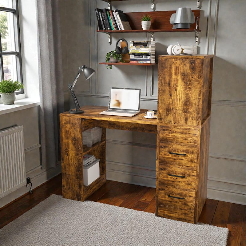 Computer Desk with Charging Station and Drawers, Office Desk with 4 Tier Storage Shelves for Home Office Study - Brown