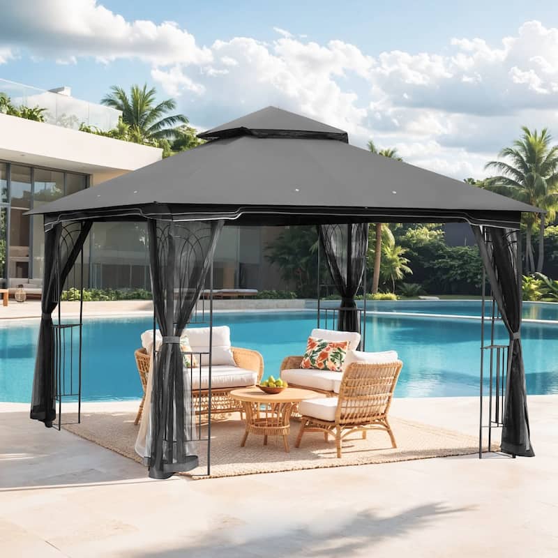 9'X9' Outdoor Steel Gazebo, Double Roof Patio Canopy with Netting, Curtains & Hanging Hooks for Backyard Deck Garden - Black