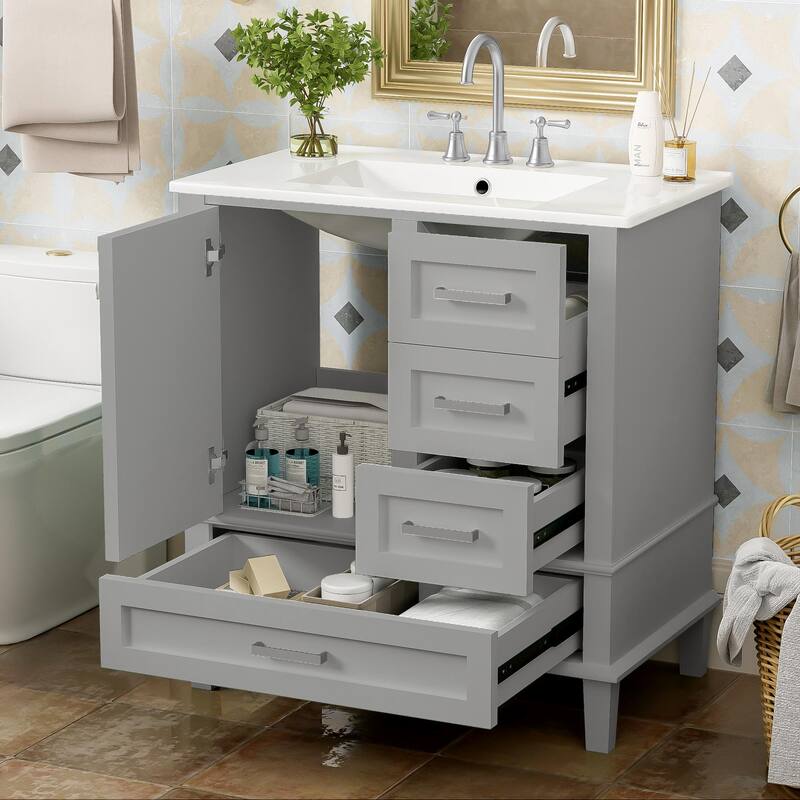 Single Sink Bathroom Vanity Cabinet, Vanity Base & Ceramic Sink Combo Set, 3 Drawers Bathroom Storage Cabinet, 30 Inch